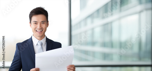 Happy smile businessman, holding a white sheet of paper on the office building, a white business professional. Generative AI.