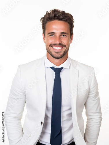 Happy smile businessman on a white background in the studio, white business professional. For art texture, presentation design or web design and web background. Generative AI.