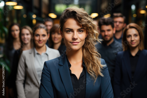 Happy young female business leader standing in front of her team