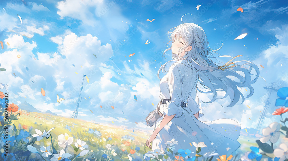an anime girl standing in a big garden at morning, strong sun shining, manga artwork an anime girl standing in a big garden at morning, strong sun shining, manga artwork