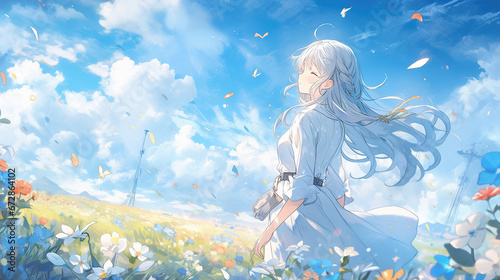 an anime girl standing in a big garden at morning  strong sun shining  manga artwork