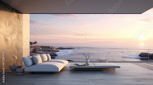 Modern Cliffside Home Mockup with Majestic Seascape, minimalist, minimal, mockup, living, sofa, © Soontorn