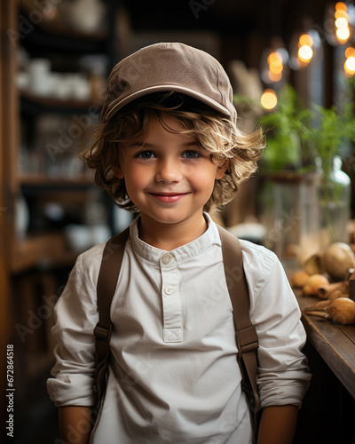 Portrait of a little boy with a hat in the kitchen
