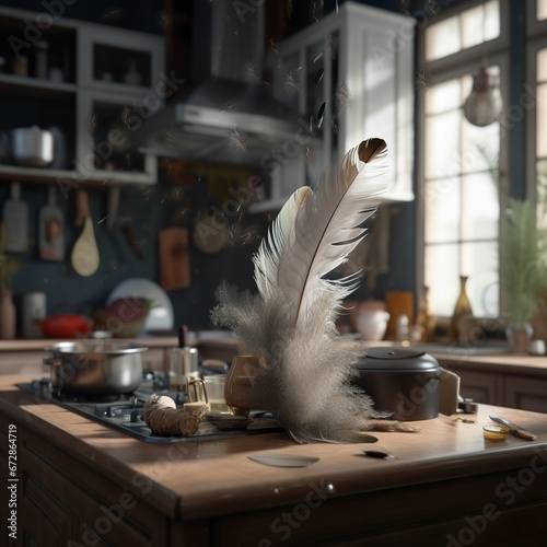 giant feather on a kitchen table