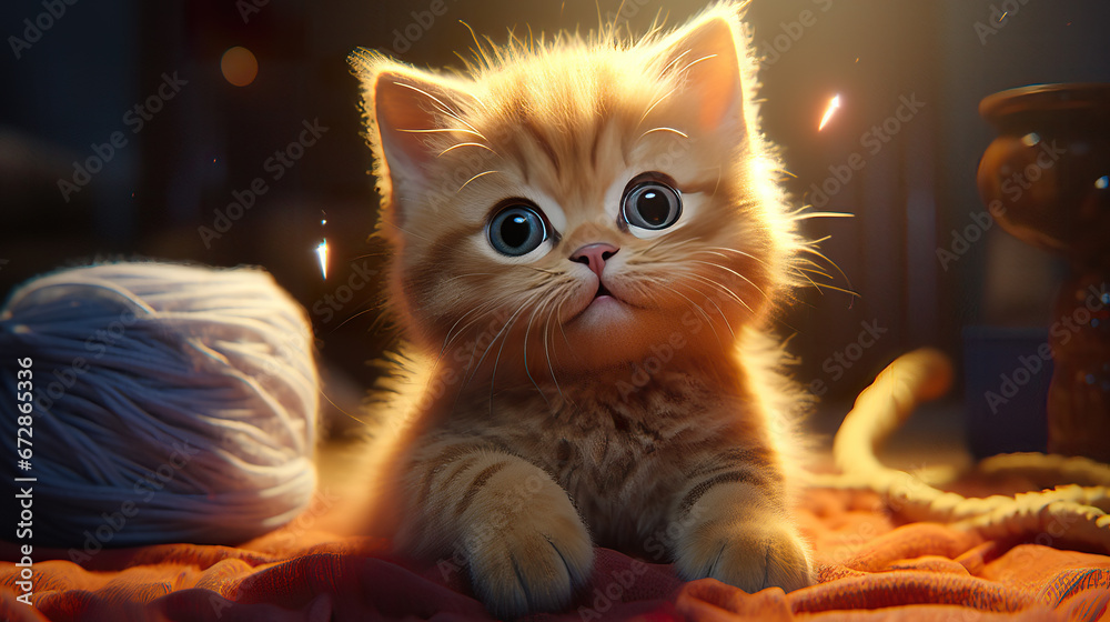realistic little kitten playing with wool, photorealistic artwork