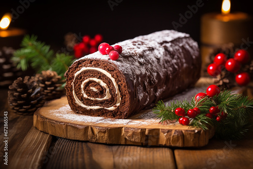 Christmas Yule Log Cake on Christmas Decorated Wooden Background - Created with Generative AI Tools
