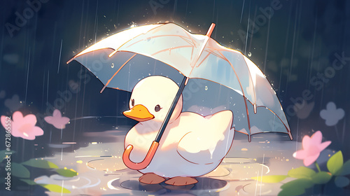 Foto little cute anime illustration of a duckling holding an umbrella