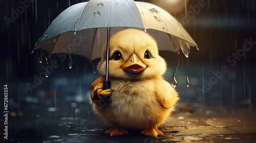 photorealistic inspired duckling holding an umbrella