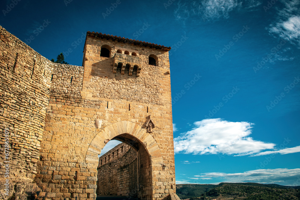 Entrance to the medieval walled enclosure called Portal del Forcall in the Morella wall, Castellón, Spain,