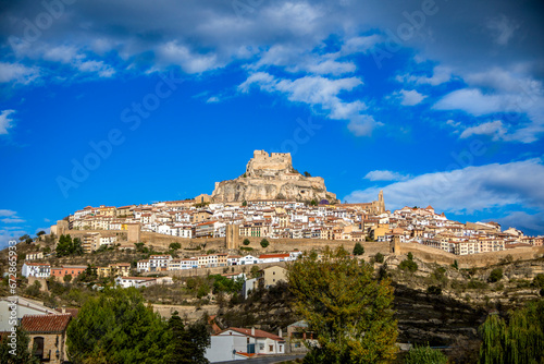 Panoramic view of the medieval town of Morella, Castellón, Spain, with the imposing castle on a hill