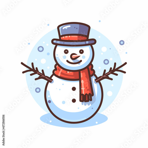 This is a vector illustration of a snowman on a white background. The illustration is simple and colorful, suitable for greeting cards, posters, or stickers.