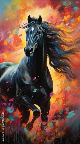 Black stallion horse with beautiful colors in background paining style