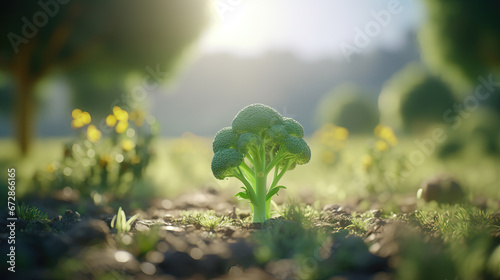 young little broccoli in garden while sun shining, marketing artwork