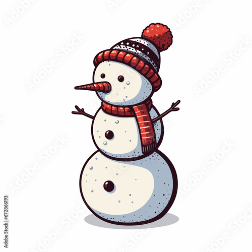 This is a vector illustration of a snowman on a white background. The illustration is simple and colorful, suitable for greeting cards, posters, or stickers.
