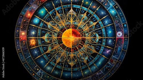 A mandala resembling a celestial map, with cosmic patterns in vibrant colors that ignite the imagination.