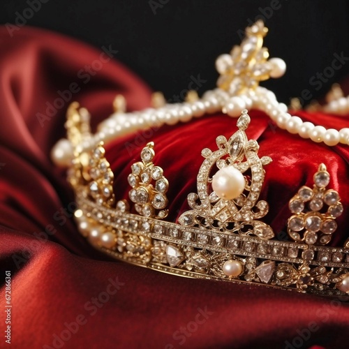 royal crown close up on red crown pillow with diamonds.
