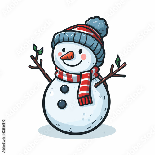 This is a vector illustration of a snowman on a white background. The illustration is simple and colorful, suitable for greeting cards, posters, or stickers.