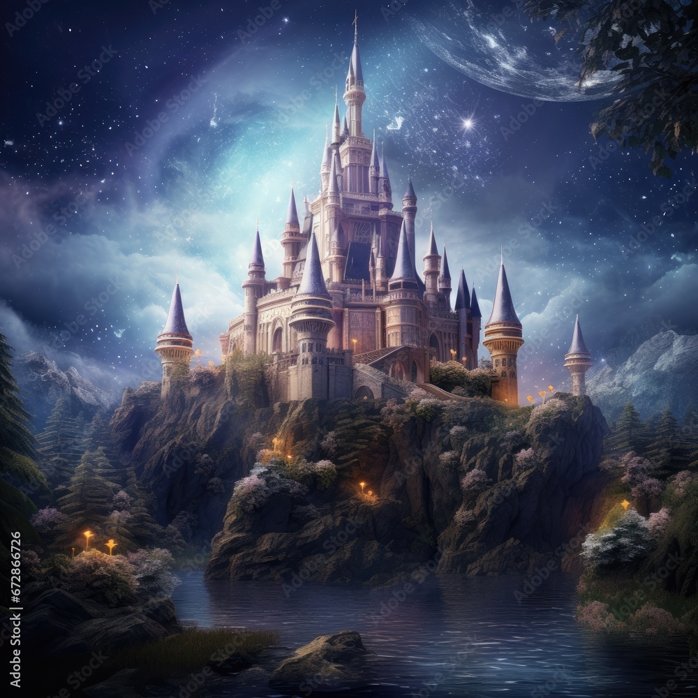 Enchanted castle in a shimmering otherworldly realm