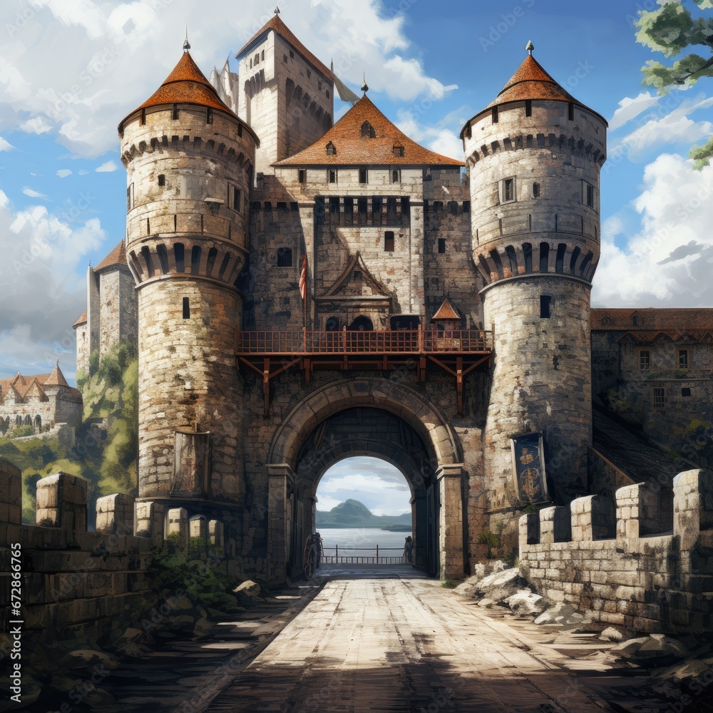 Majestic drawbridge leading to a medieval castle