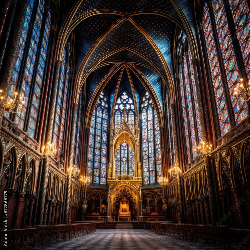 Majestic medieval cathedral with towering spires and intricate stained glass