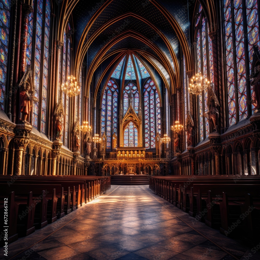 Fototapeta premium Majestic medieval cathedral with towering spires and intricate stained glass