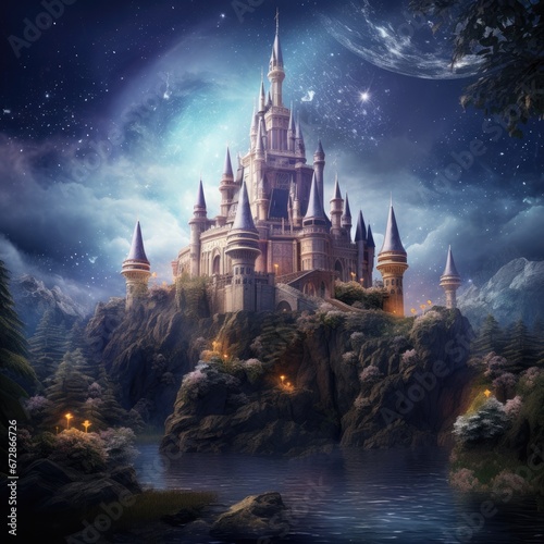 Enchanted castle in a shimmering otherworldly realm