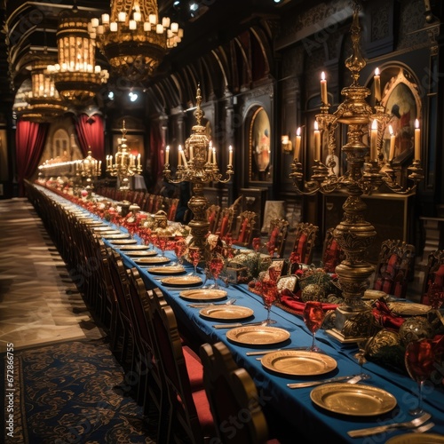 King's banquet hall with a long feasting table and candelabras photo