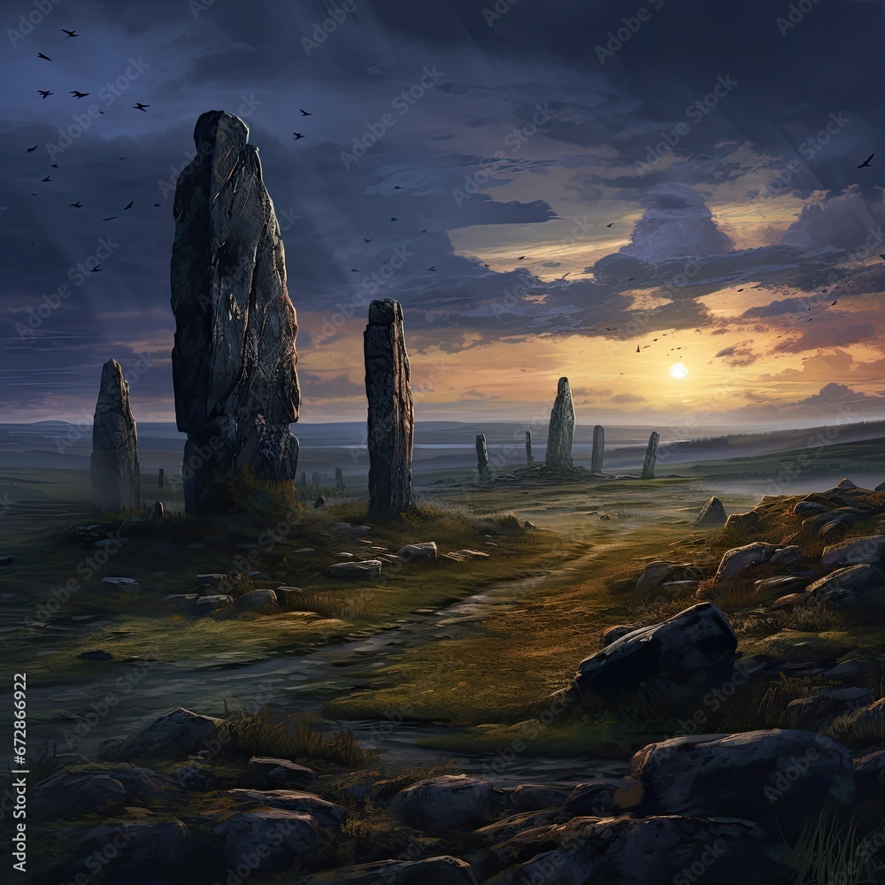 Mystical standing stones on a windswept moor