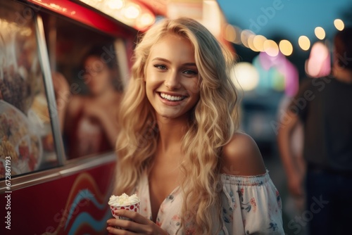 Young beautiful blonde woman holding an ice cream next to the food truck at the festival