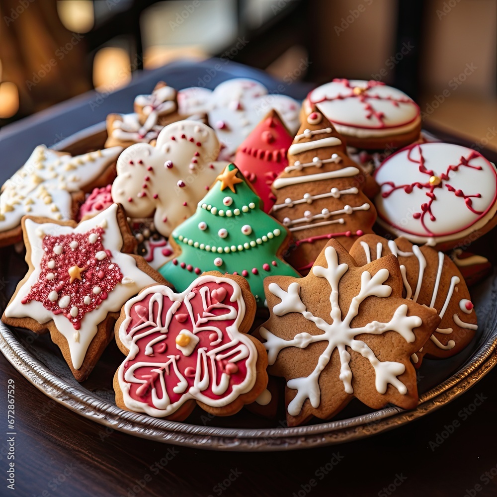 Christmas cookies in various shapes and colors