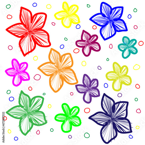 Vector abstract pattern drawn in doodle style in the form of multi-colored flowers and dots on a white background