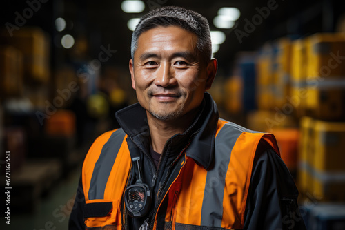Portrait of a smiling logistician working in a warehouse full of boxes and packages © familymedia