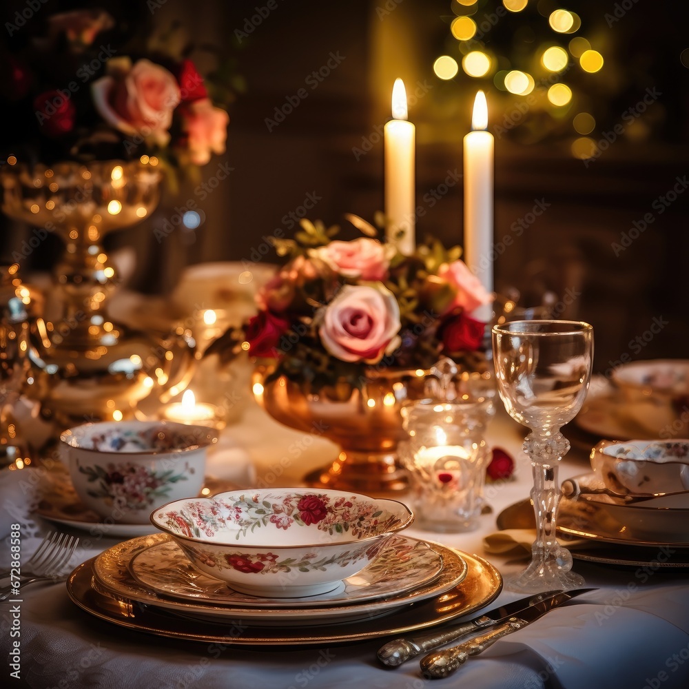 Festive table setting with fine china and candles