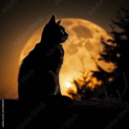 Black cat's silhouette against a full moon