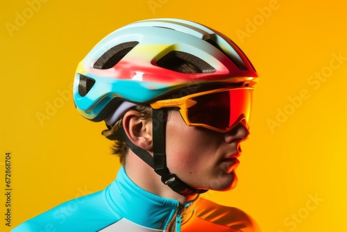 Bicycle rider wearing a colorful bike helmet in front of a yellow background. © Positive Click