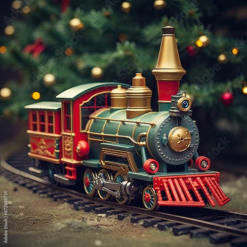 Vintage toy train circling a Christmas tree