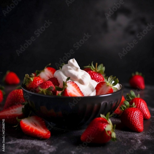 strawberries with cream on a black background.