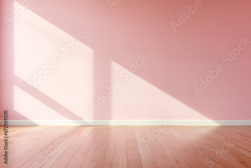 Modern pink Interior with geometrical sunlight and shadows. Empty wall mockup