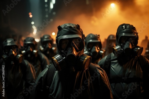 People Wearing Gas Masks Amidst Smoke And Fire