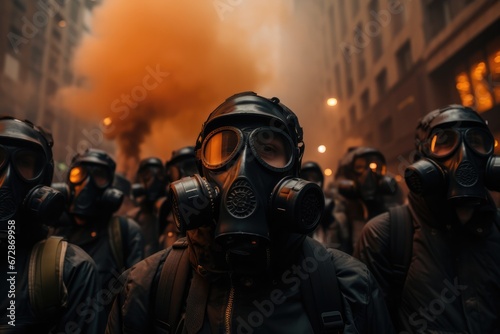 People Wearing Gas Masks Amidst Smoke And Fire