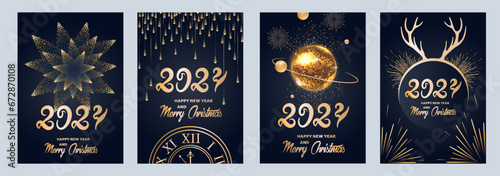 2024 new year. Fireworks, golden garlands, sparkling particles. Set of Christmas sparkling templates for holiday banners, flyers, cards, invitations, covers, posters. Vector illustration.
