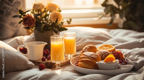 Delightful Breakfast in Bed with Fresh Blooms and Juice. A delightful breakfast in bed accompanied by fresh blooms  croissants  and orange juice  creating a perfect morning.
