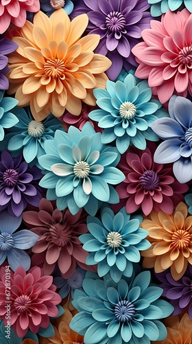 Modern 3D multicolor abstract white background consisting of many bright flowers. Vertical image