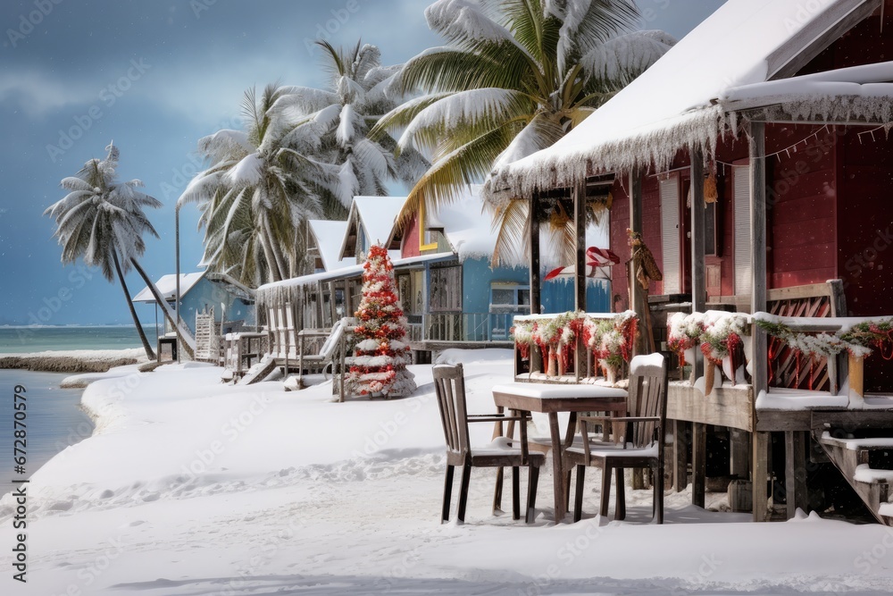 Tropical Bungalow, Beach Bar, And Huts On White Backdrop Snowing Winter Wonderland With Town And Christmas Tree