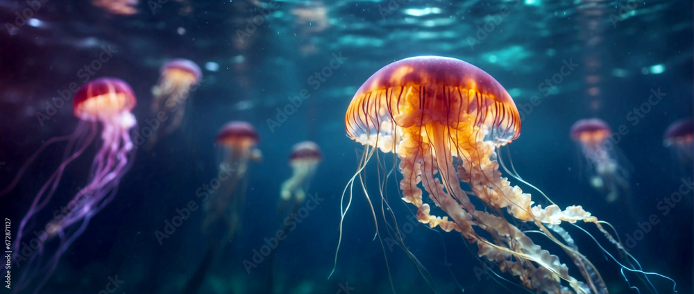 Wide angle shot of a beautiful luminous jellyfish floating in the mysterious sea. Breathtaking underwater scene.