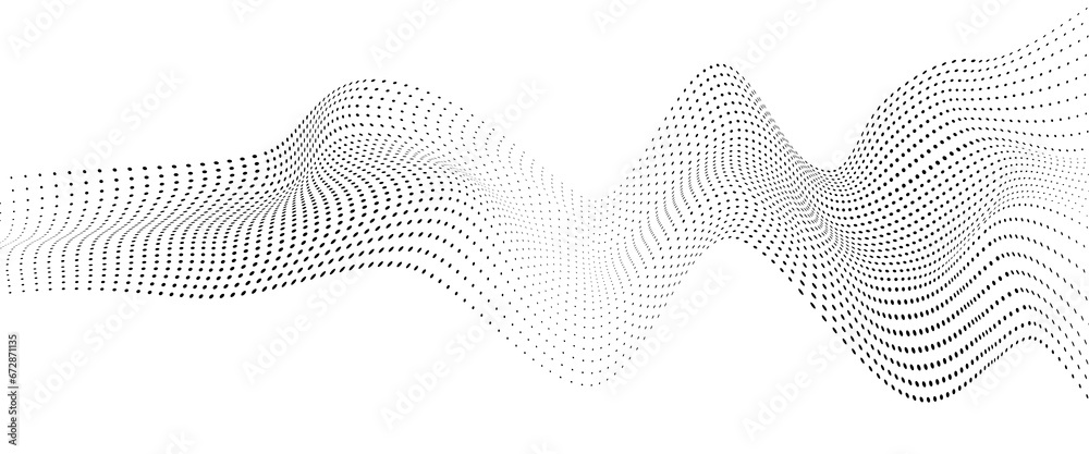 Black and white wavy dotted floating in motion. Optical illusion of waves of black and white dotted lines. - obrazy, fototapety, plakaty 