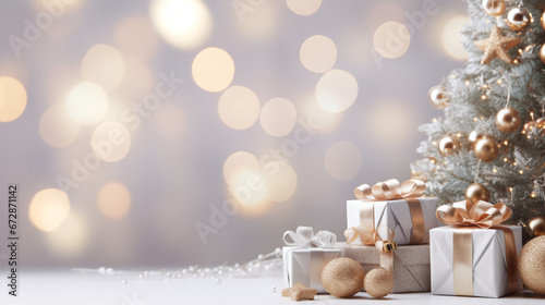 Świąteczne tło na życzenia Bożonarodzeniowe - Wesołych Świąt Bożego Narodzenia. Choinka i prezenty na świecącym tle. Bokeh photo