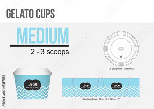 Ice Cream Sizes Large, Medium, Small Size Gelato Cup Template Die cut for cafe, sweet shop, restaurant, candy shops
