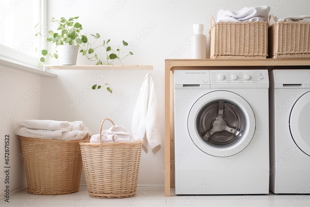 Modern laundry room with natural wicker laundry baskets and washing machine - obrazy, fototapety, plakaty 