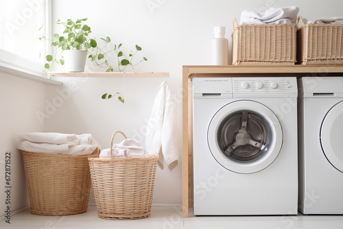Modern laundry room with natural wicker laundry baskets and washing machine